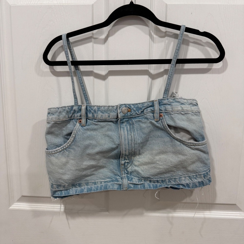 Zara Light Wash Denim Crop Top Deconstructed Jean‎ Waistband Camisole Small